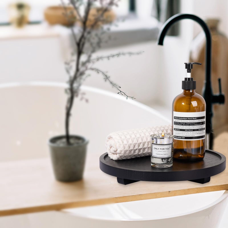 zoocatia Round Decorative Tray Wood Bathroom Counter Organizer Farmhouse Kitchen Decor Wooden Riser for Soap Dish  Perfume  Candle  Sponge  11"" - Black - Image 5